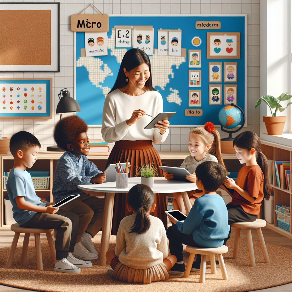Create an image showcasing a comfortable and innovative learning space of a microschool. The school room has a small group of six children of diverse descent: two Caucasian boys, a Hispanic girl, a South Asian girl, a Middle-Eastern boy, and a Black boy, all highly engaged in personalized learning activities on their tablets. There are bulletin boards with colorful charts around the room, a world map, few plants, and a round table in the middle. Additionally, there is a cool, friendly female teacher of East Asian descent, directing the settings with a light pen on a smartboard.