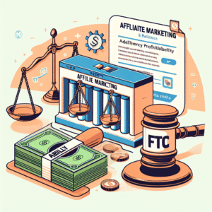 Create a detailed image illustrating the concept of affiliate marketing for a blog post, abiding by the law and regulations set by FTC (Federal Trade Commission). Show a cash register signifying profitability, a legal gavel representing adherence to the rules and a simple illustration of website links to denote the online nature of affiliate marketing. Make sure the image clearly conveys the concept affiliate links, legality, profitability, and regulatory compliance.